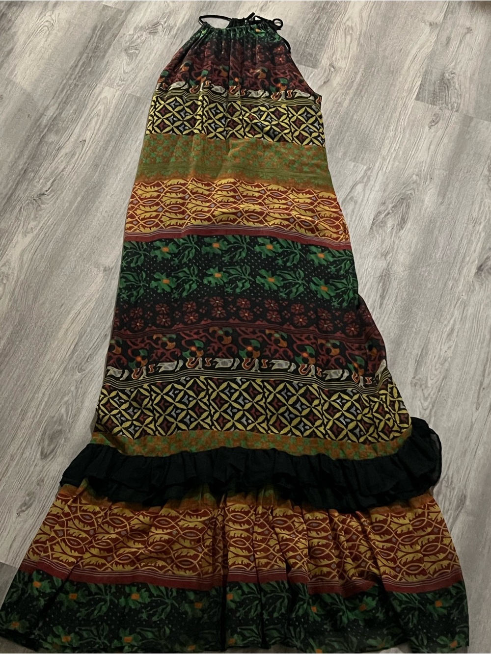 Bohemian Tiered Maxi Dress in Green and Mustard